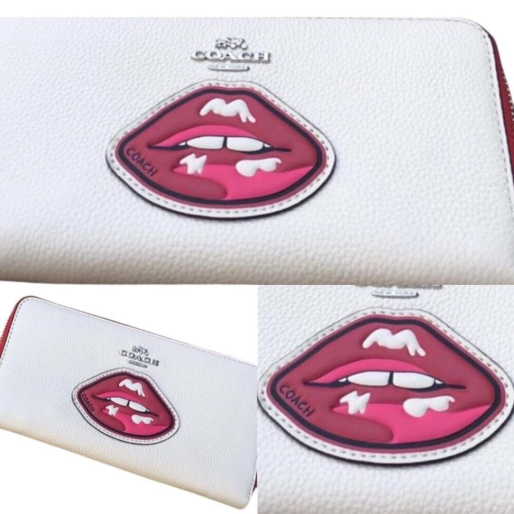 Coach Red Lips White Leather Accordion Zip Around Long Wallet